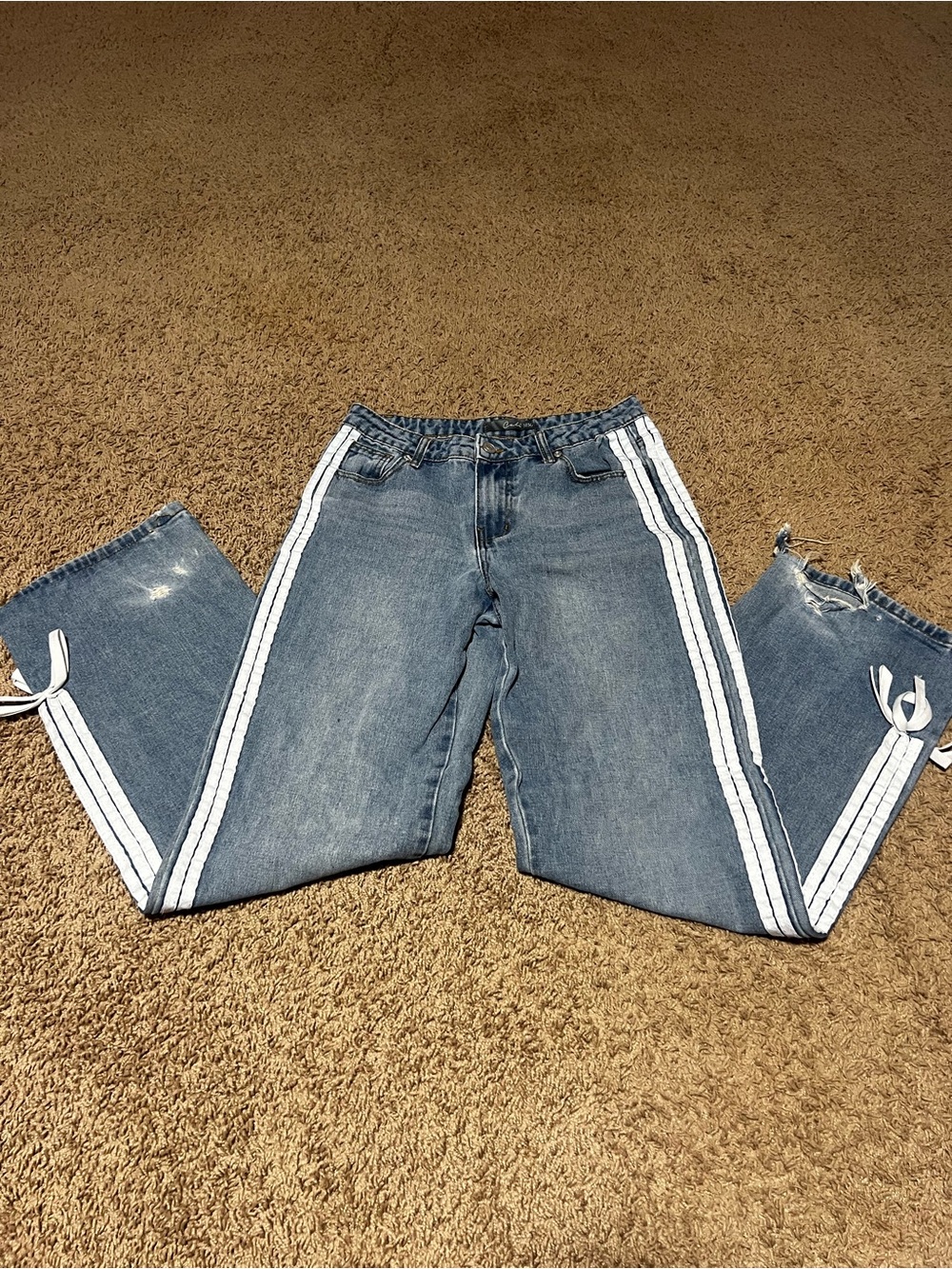 Straight-Leg Blue Denim Jeans with White Side Stripes
